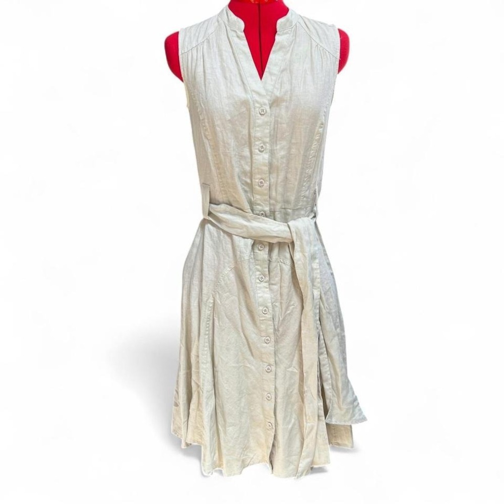 Malvin Cream‎ Tan Linen Sleeveless Shirt Dress With Waist Tie Size Small Preppy
